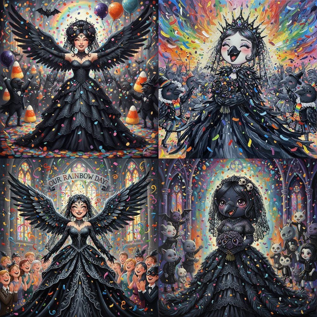 Kawaii Crow Bride in Black Under Rainbow Confetti