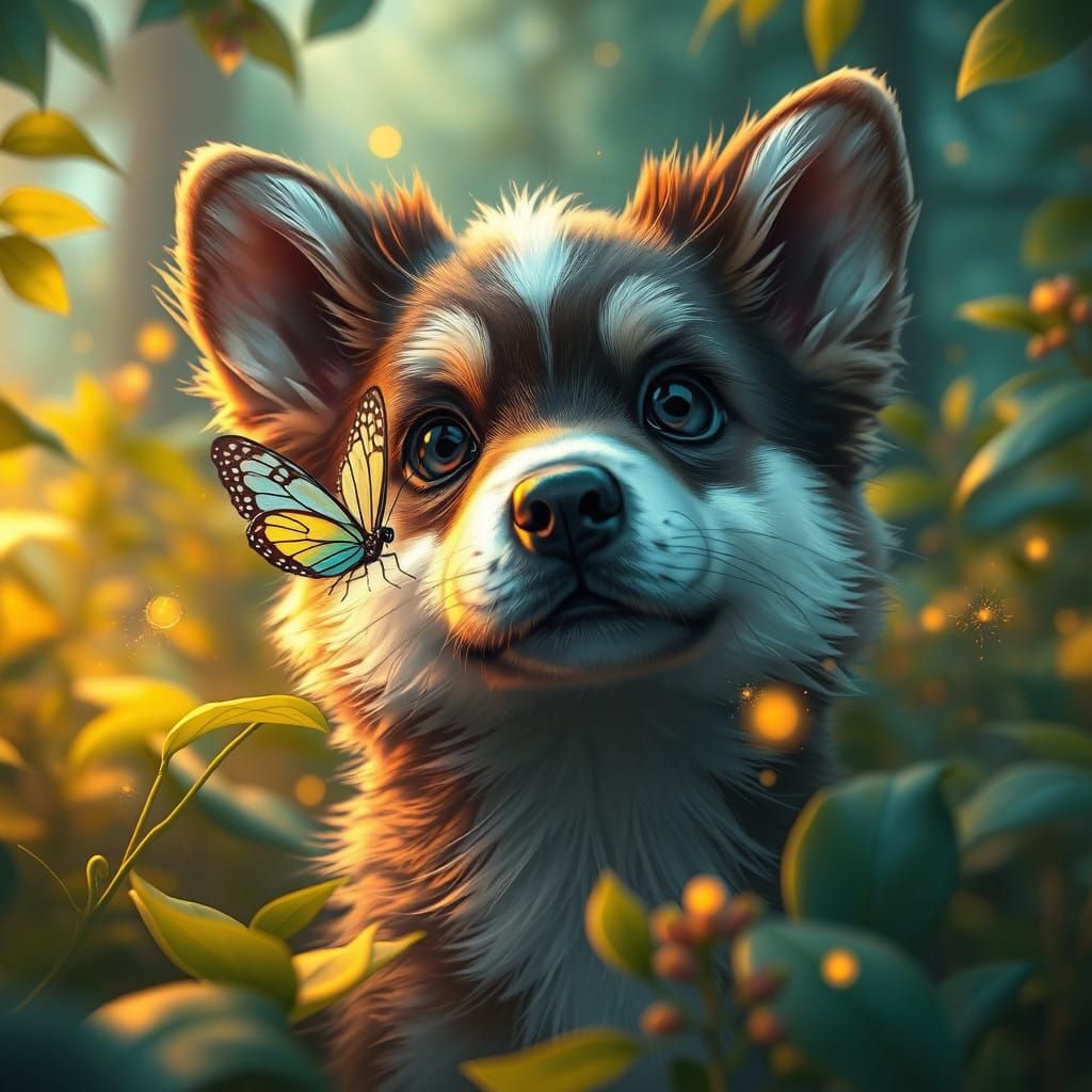 Whimsical Canine Encounter with Iridescent Butterfly in Lush...
