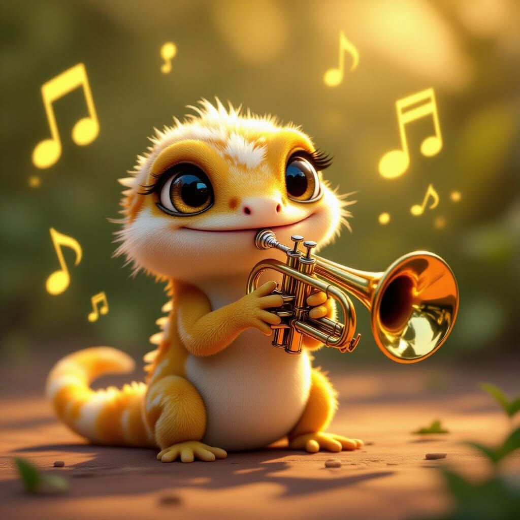 Cute Fluffy Gecko Plays Golden Trumpet in Golden Hour Light