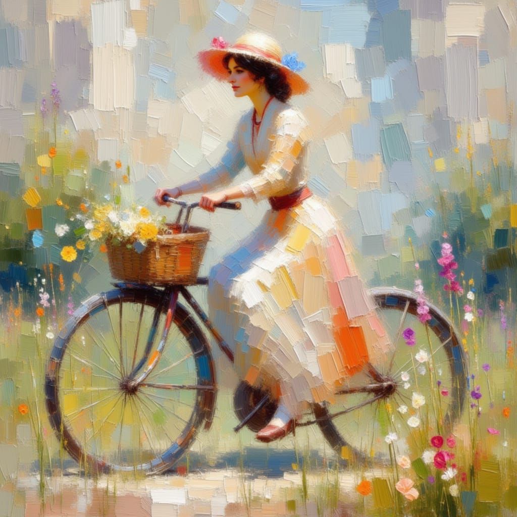 Impressionistic Painting of Woman on Bicycle in Park