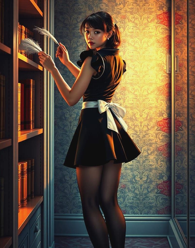 Hyperrealistic French Maid Dusting Shelves