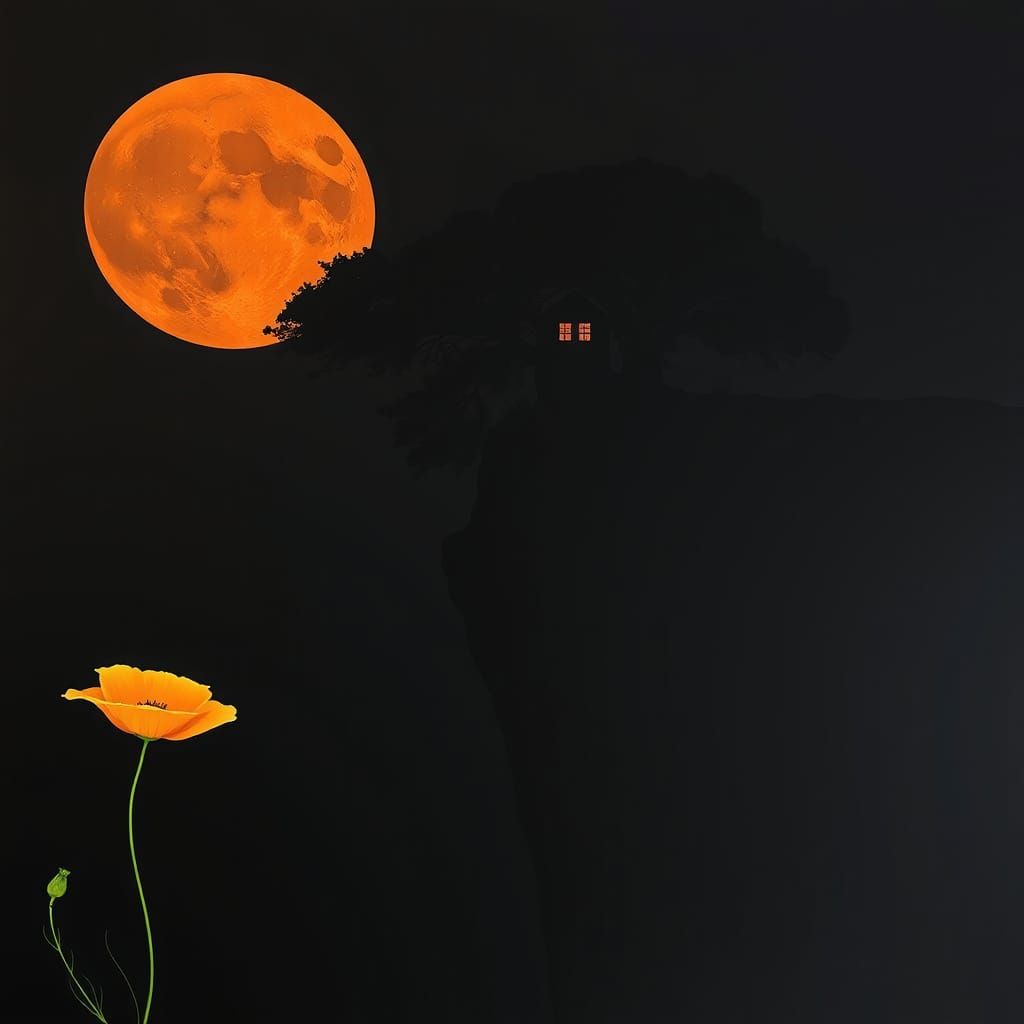 Minimalist Landscape with Terracotta Moon and Golden Poppy