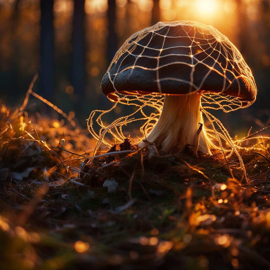 Mushroom Web in Sunset Light: Dark Fantasy Art
