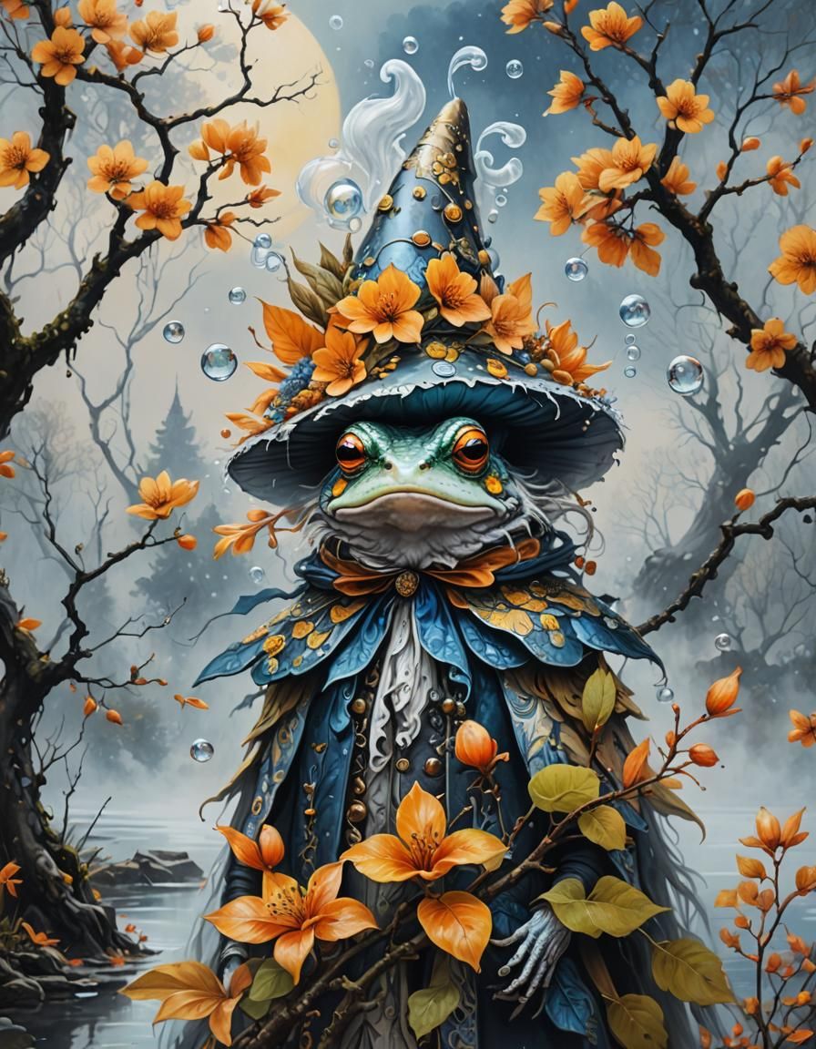 Dark Fairy by Lake with Cherry Tree in Watercolor Style