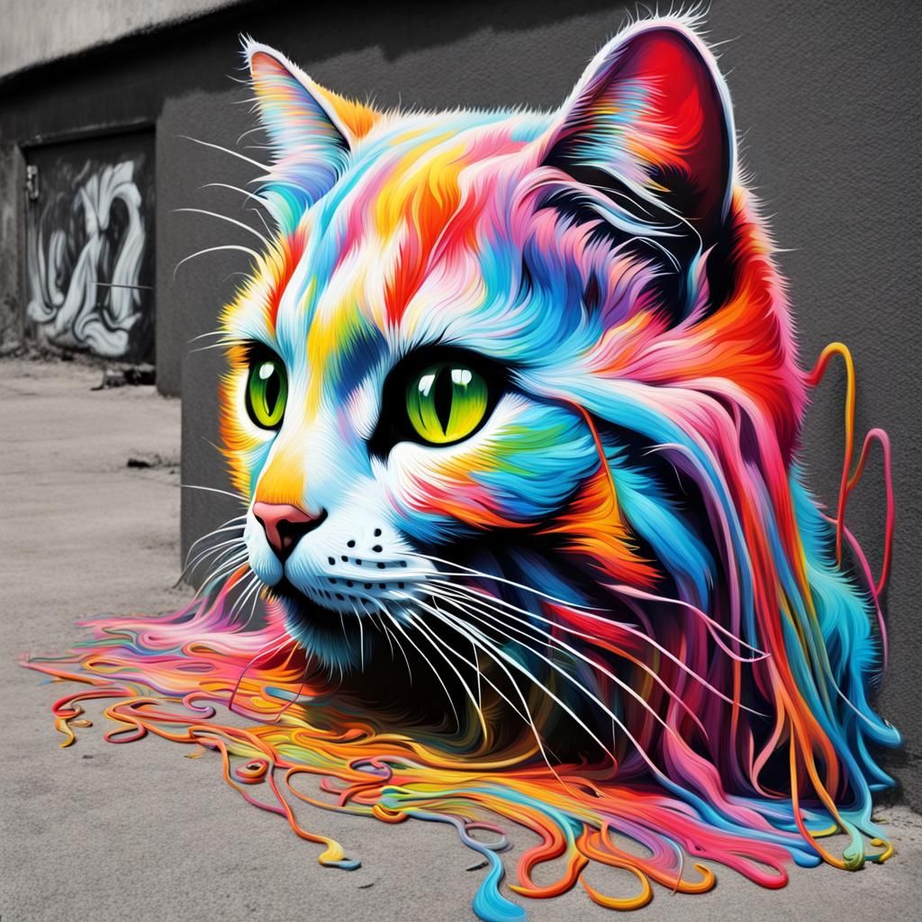 Colorful Street Art Cat with Yarn