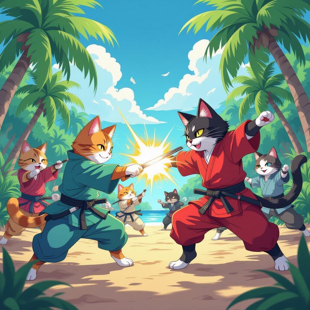 Feline Warriors Battle on Tropical Island in Anime Style