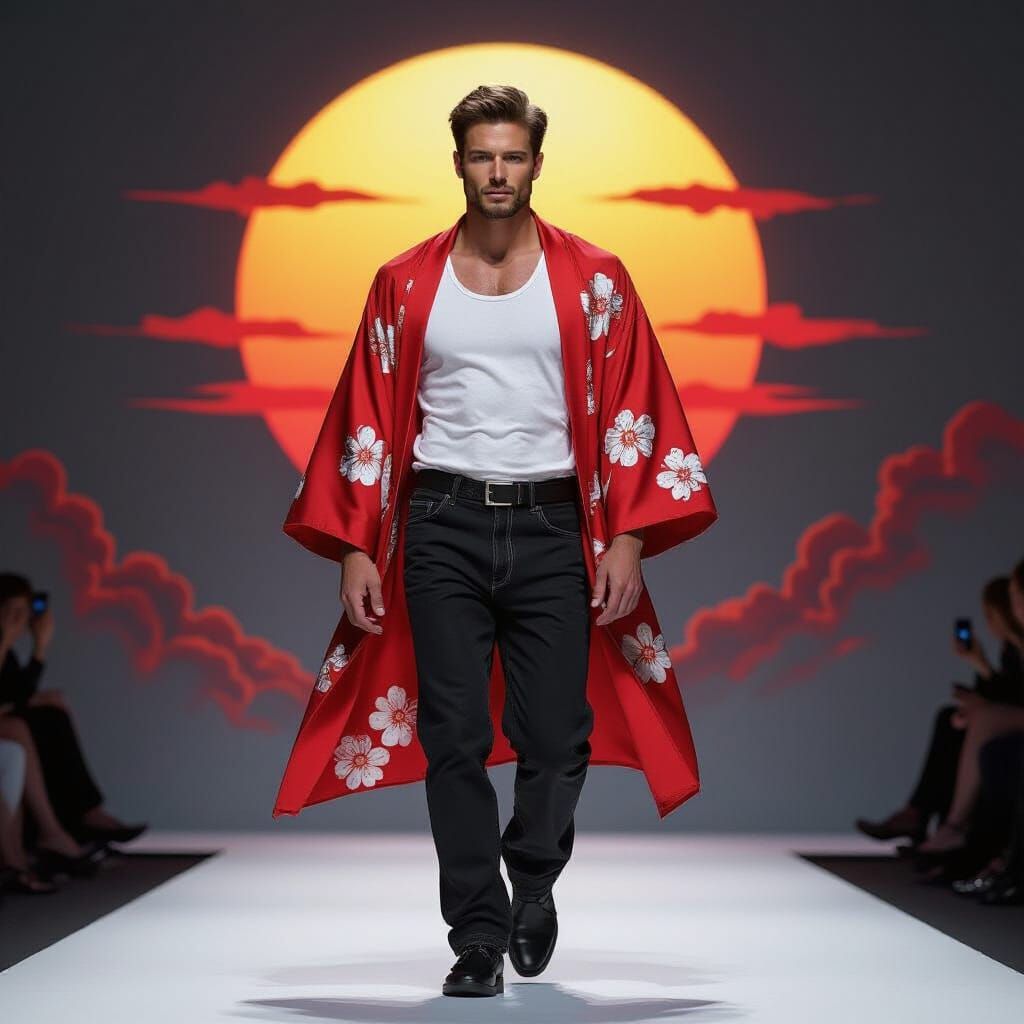 Man in Kimono on Runway: Hyperrealistic Concept Art