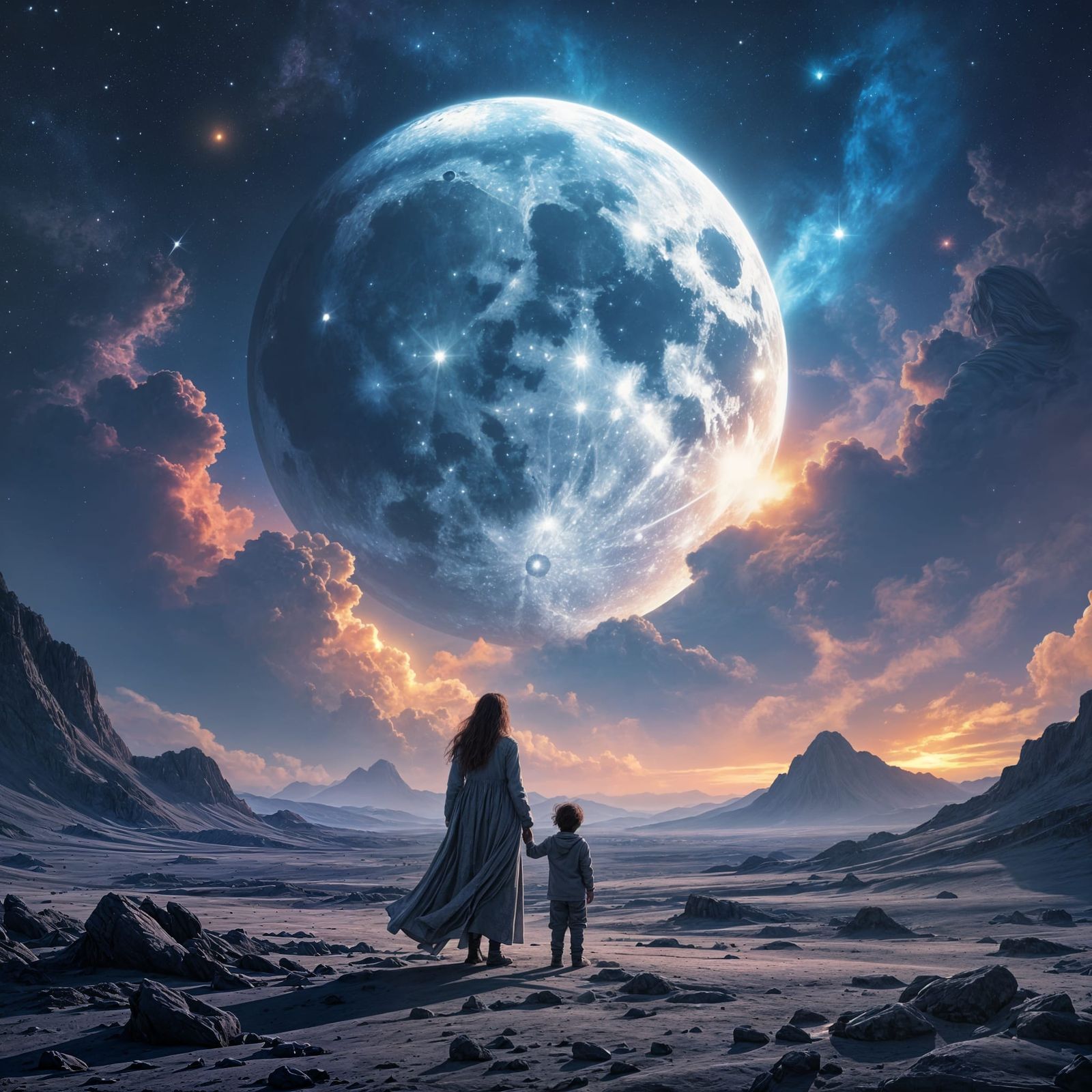 Woman and Child Gaze at Shattered Moon on Alien Planet