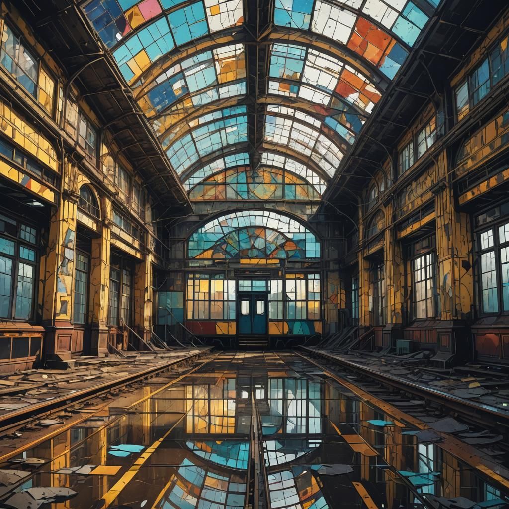 Dystopian Train Station in Geometric Bauhaus Style