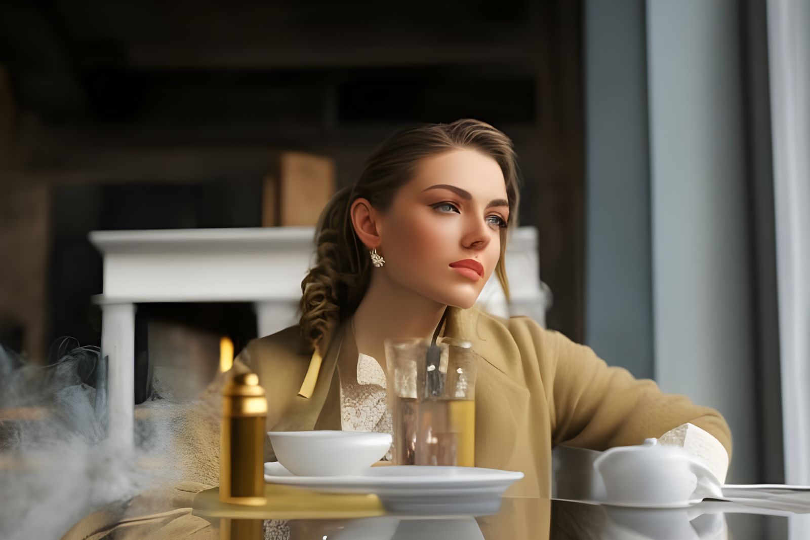 London Coffeehouse: Hyperrealistic Portrait of Woman with Te...