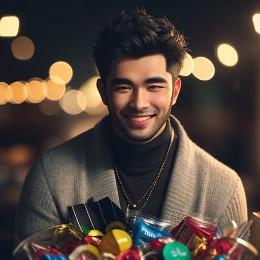 Young Samoan Man Surrounded by Colorful Candy in Vibrant Pho...