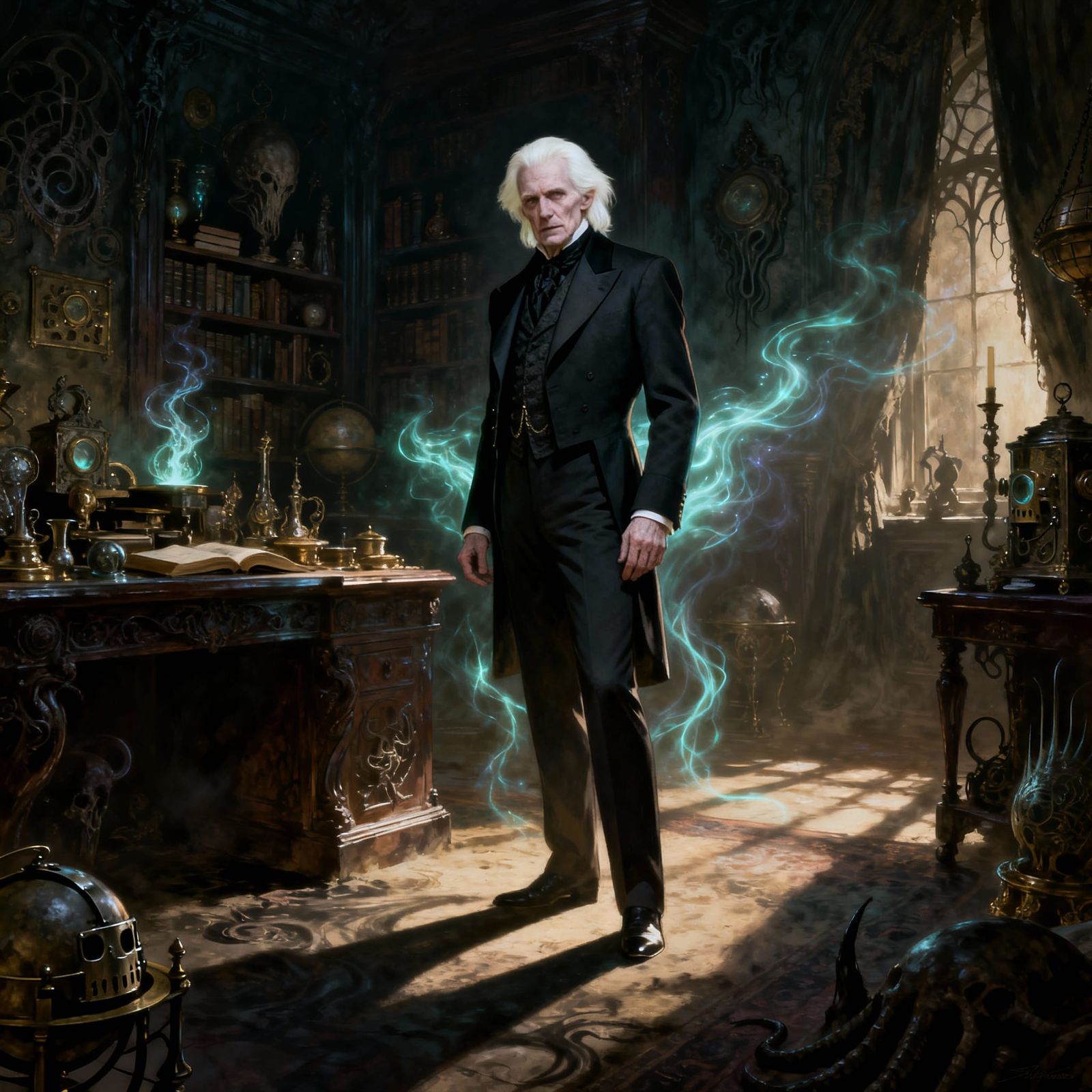 Victorian Scholar of the Arcane, Dark Fantasy Illustration