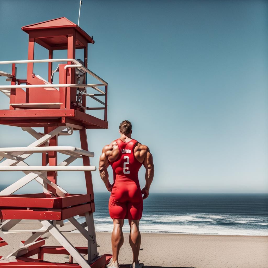 Muscular Bodybuilder Lifeguard on California Beach