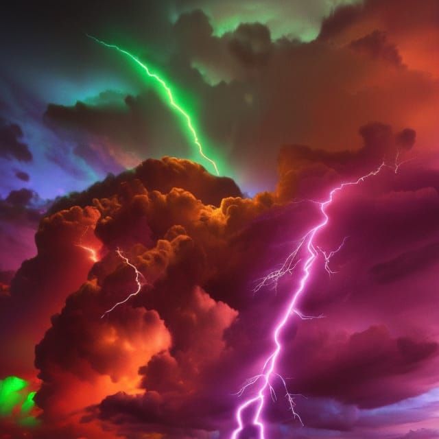Dangerous colorful lightning in a stormy night