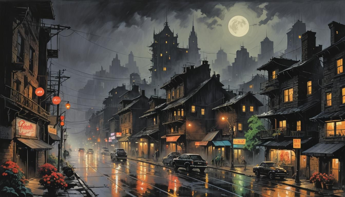 Neon Cityscape after Rain, Frazetta Style