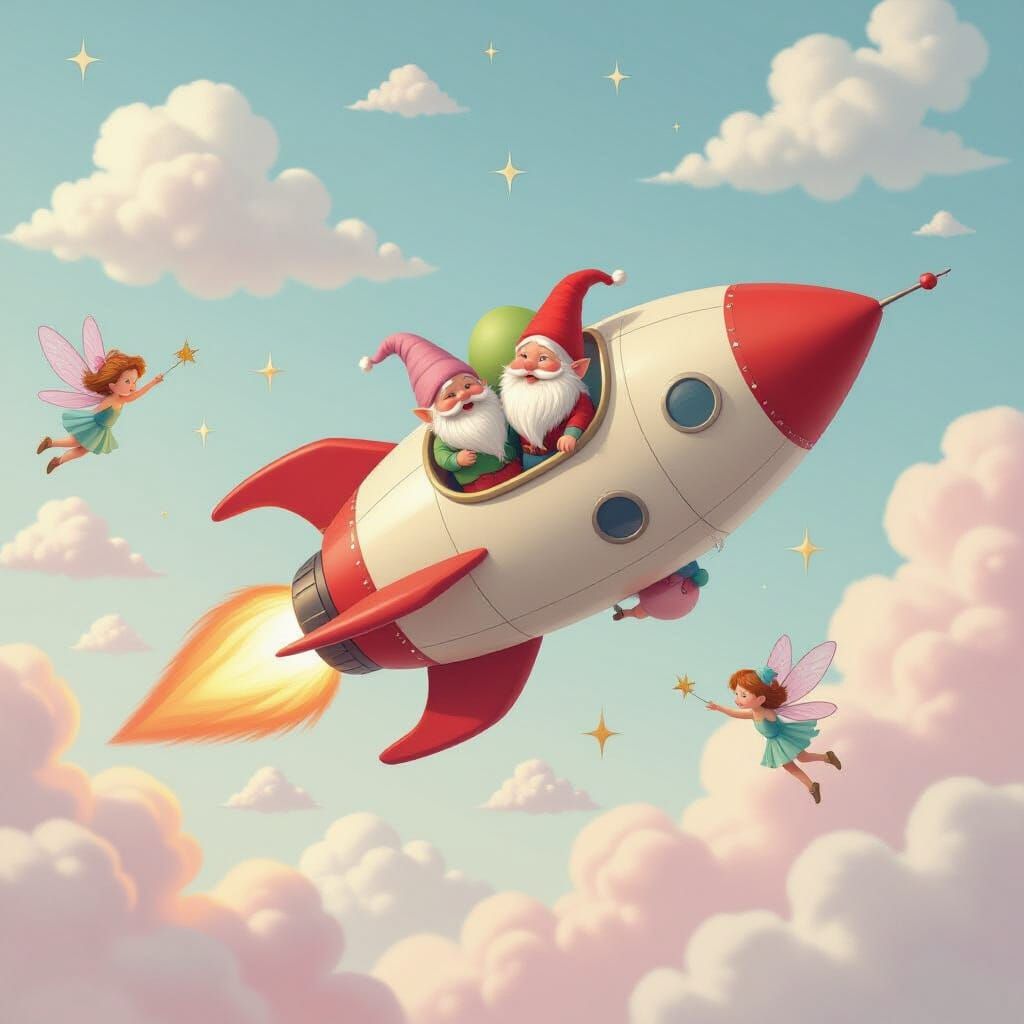 Balloon Rocket in Cotton Candy Sky, Digital Art