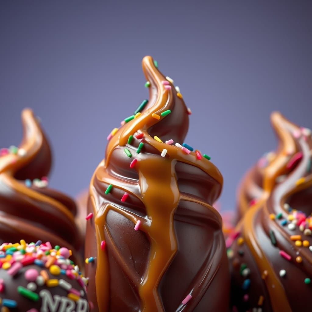 Vibrant Chocolate Sculptures with Caramel and Sprinkles