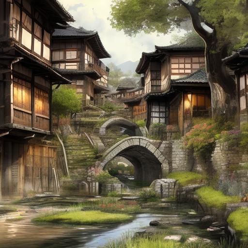 Rainy Medieval Village Scene with Soldiers