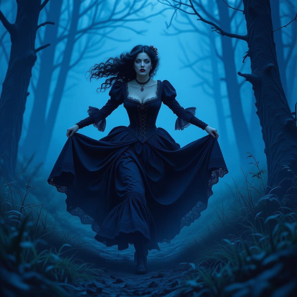 Gothic Queen Fleeing Through Dark Forest, Art Nouveau Style
