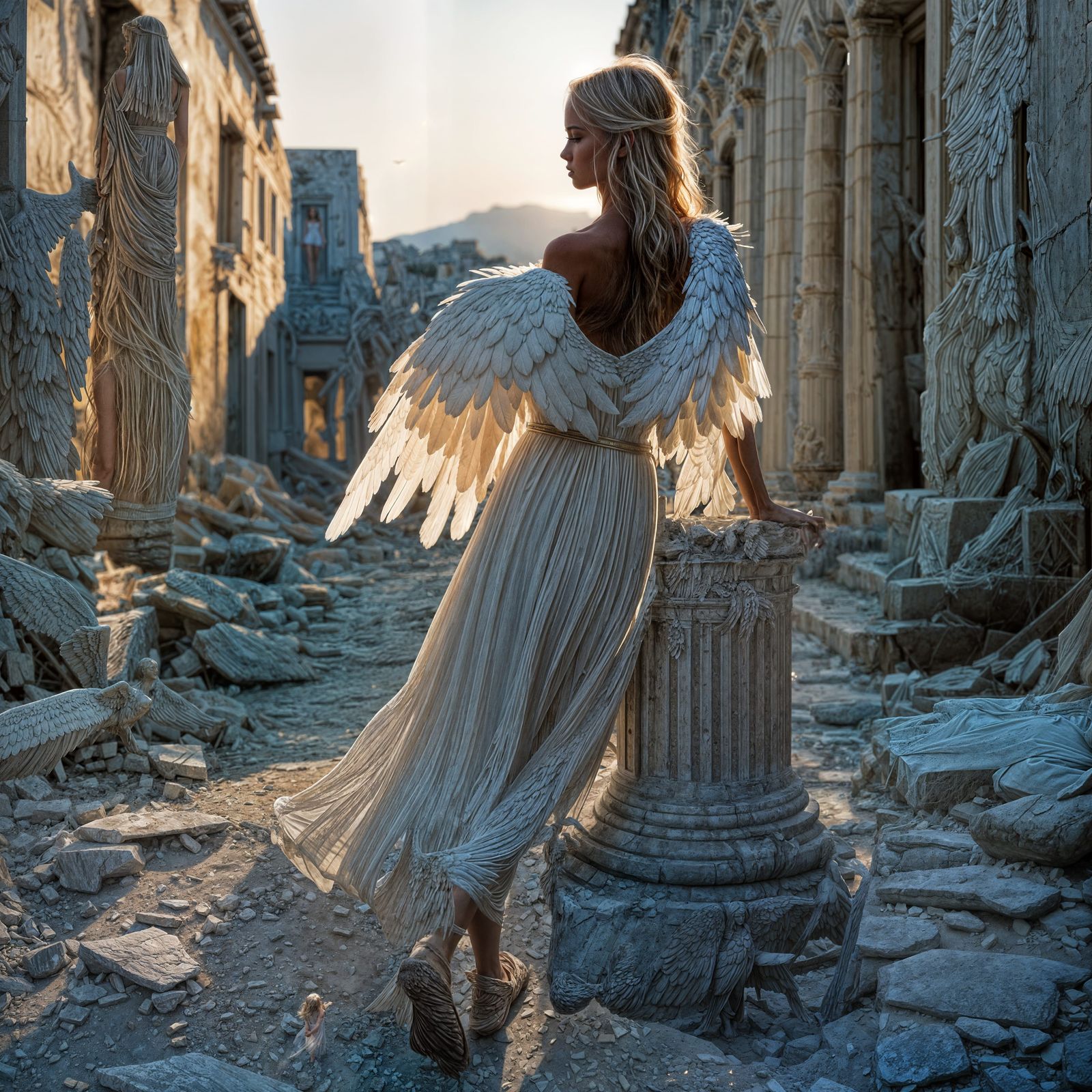 Angel in Abandoned City: Hyperrealistic Cinematic Still