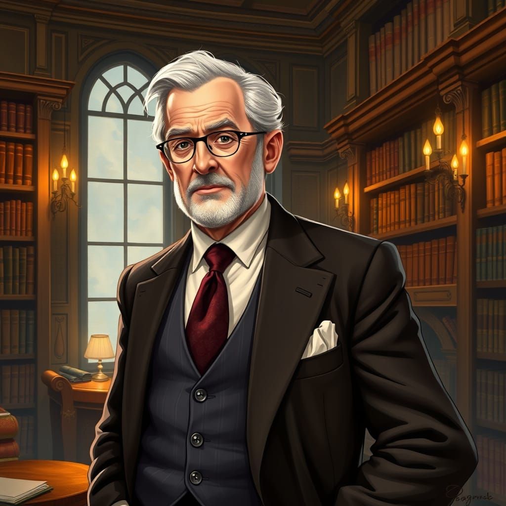 Refined Gentleman in Library, Old-World Style