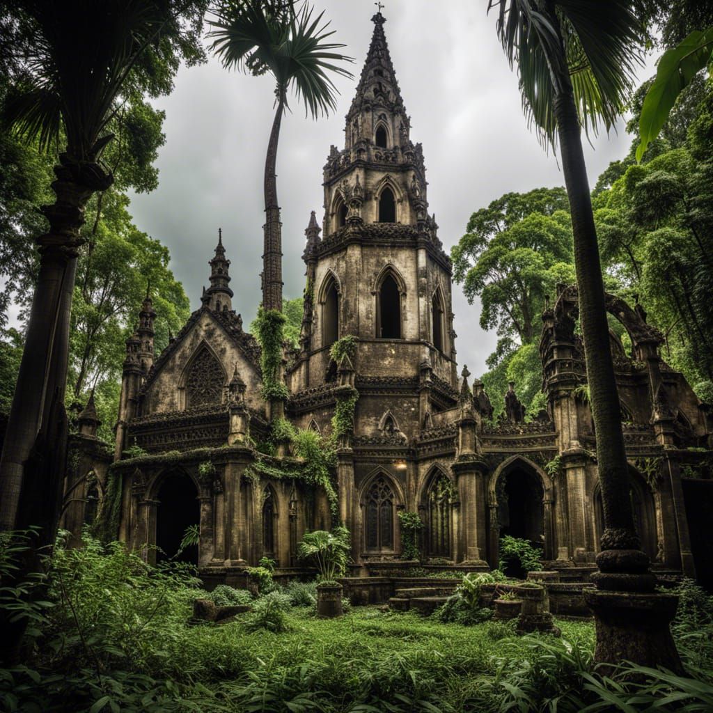 Derelict Gothic Church in Tropical Rainforest