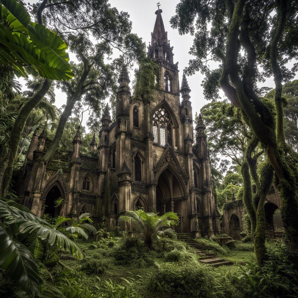 Derelict Gothic Church in Indonesian Rainforest Photo