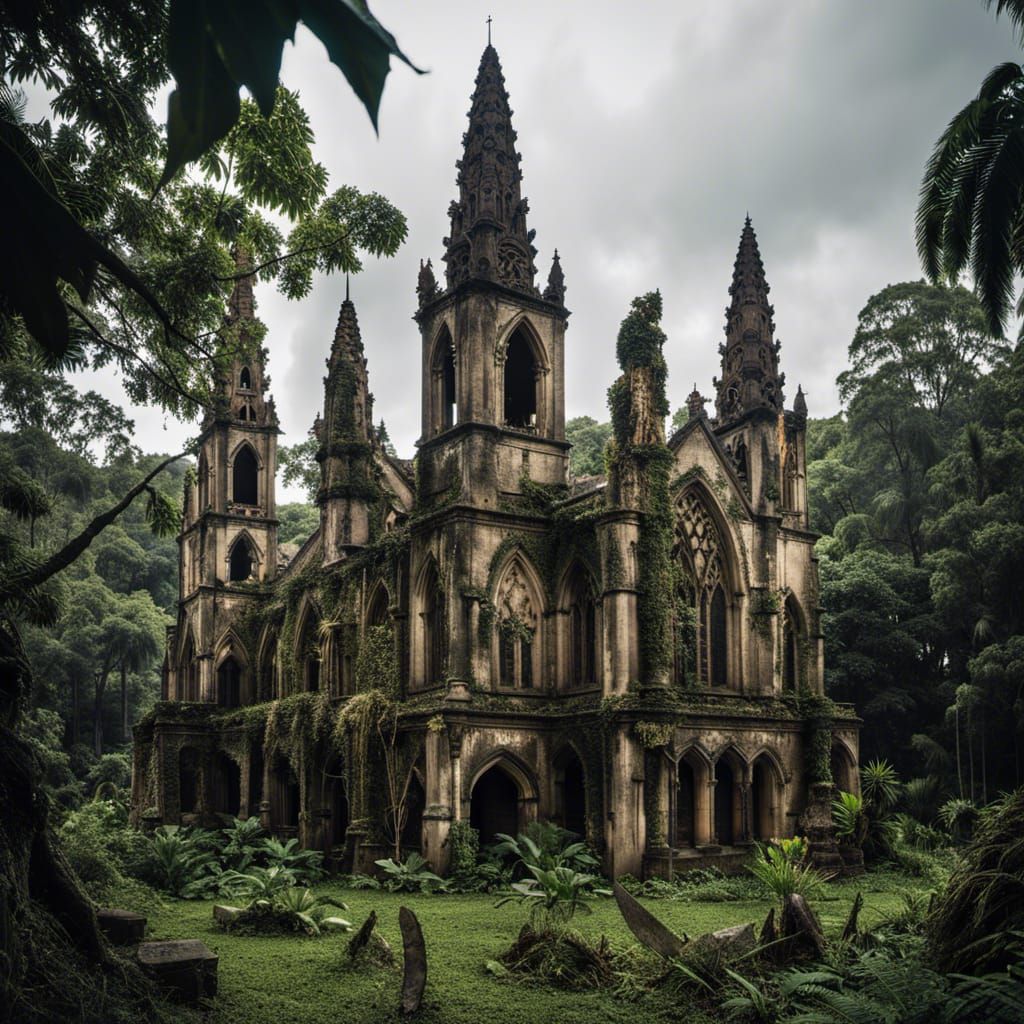 Derelict Gothic Church in Overgrown Rainforest