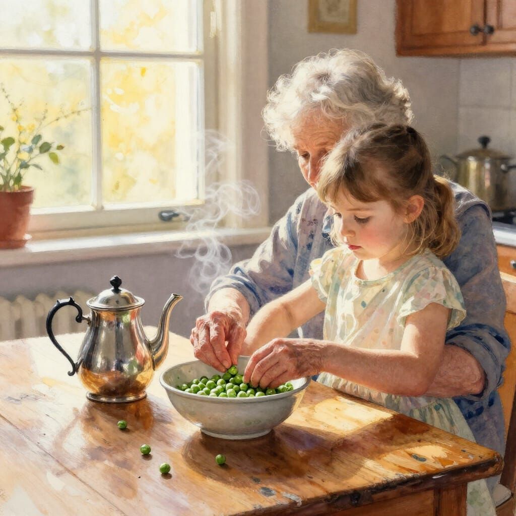 Grandmother and Granddaughter Shelling Peas in Sunlight