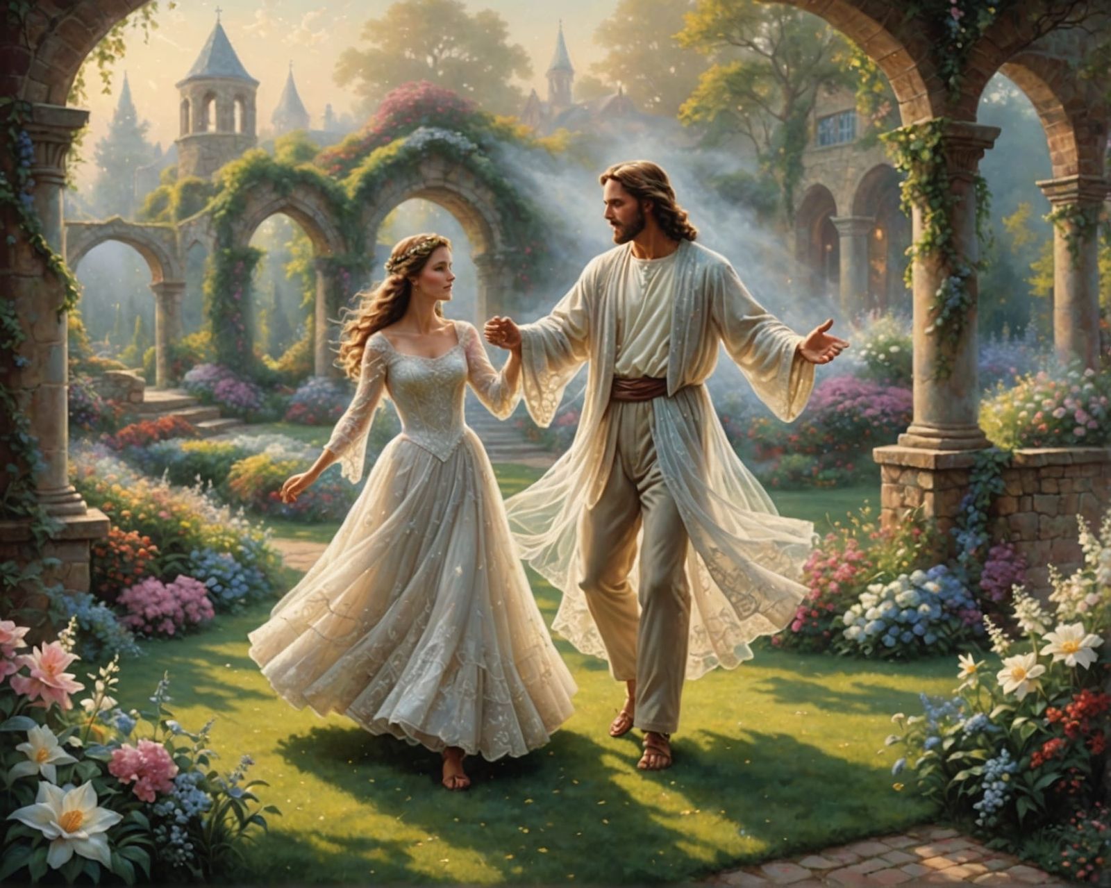 Jesus Dances with Bride in Ethereal Garden