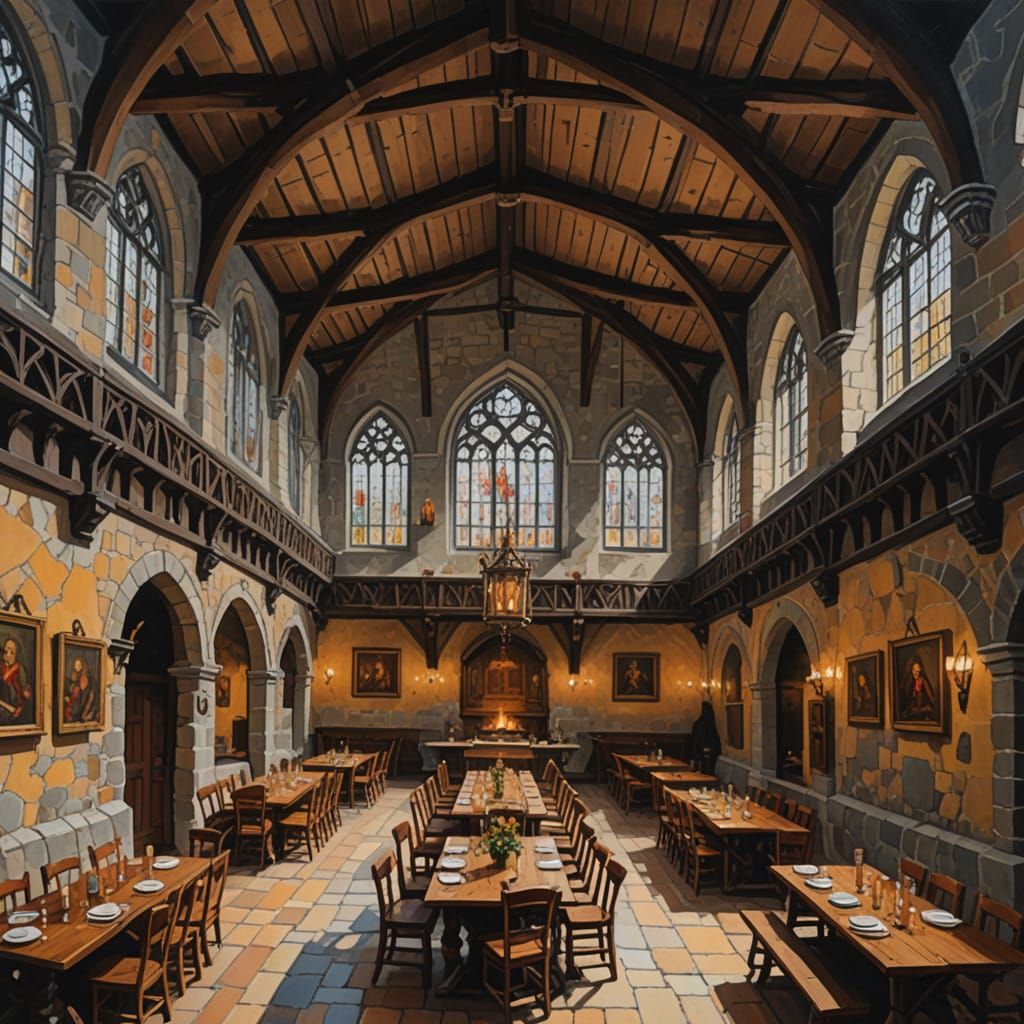 Medieval Dining Hall Masterpiece in Impressionist Gouache