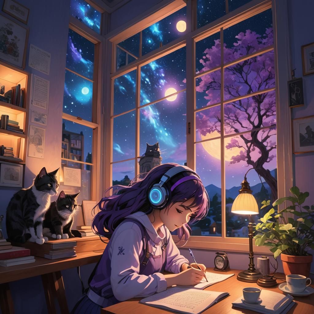 Lofi Girl Studying at Night in Anime Style
