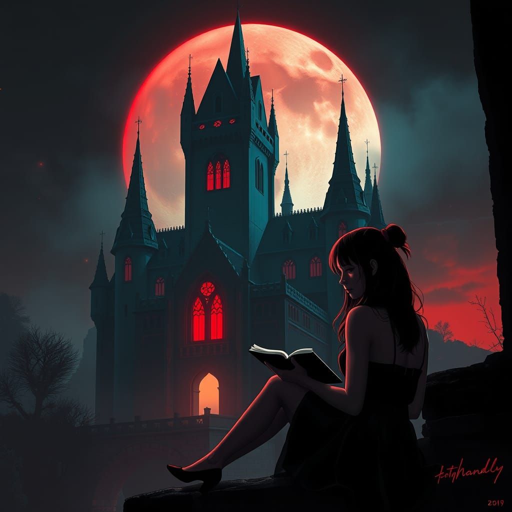 Cyberpunk Girl Reads by Blood Moon