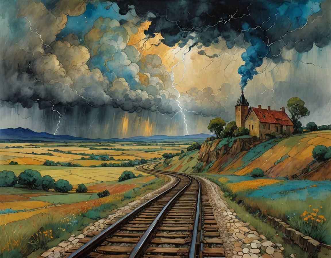 Stormy Countryside Landscape in Alcohol Ink Style