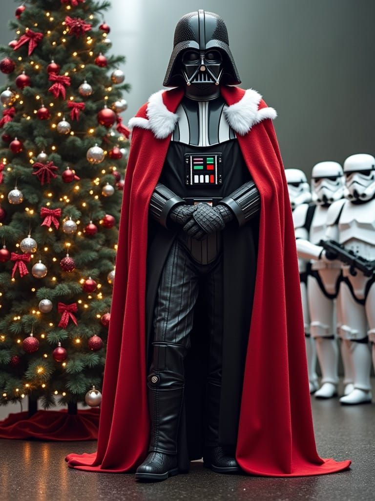 Darth Vader Guards Christmas Tree in Red Santa Suit
