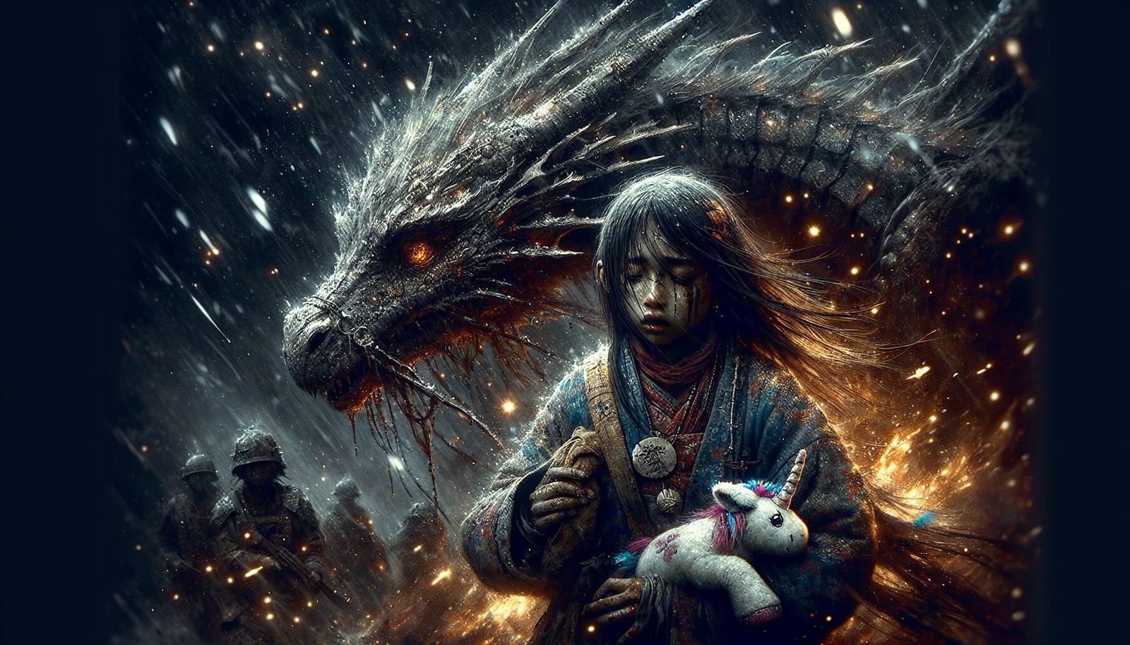 Resilient Dragon-Human Hybrid in War, Oriental Art