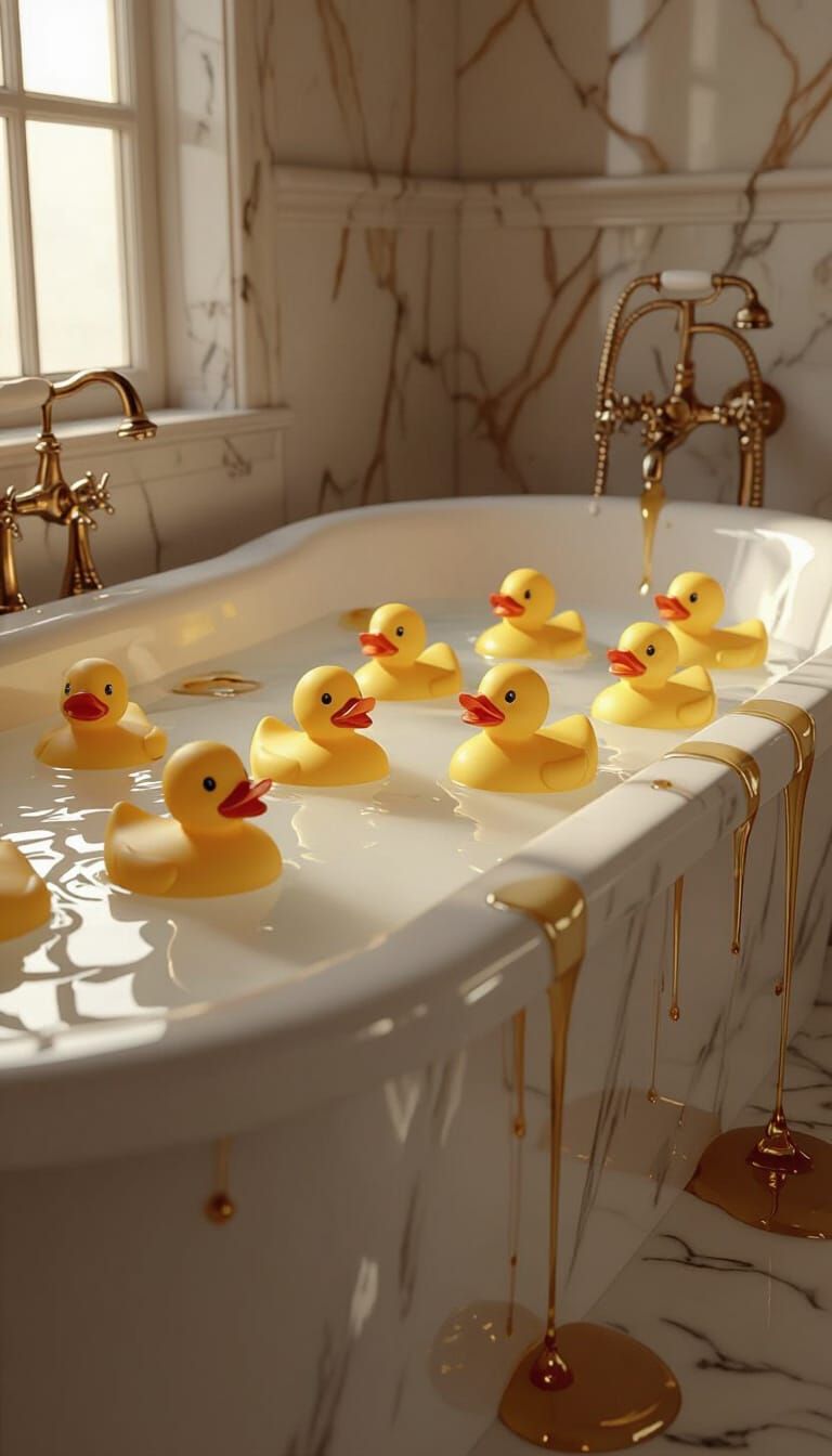 Golden Ducks in Creamy Milk Bath - Surreal Marble Bathroom