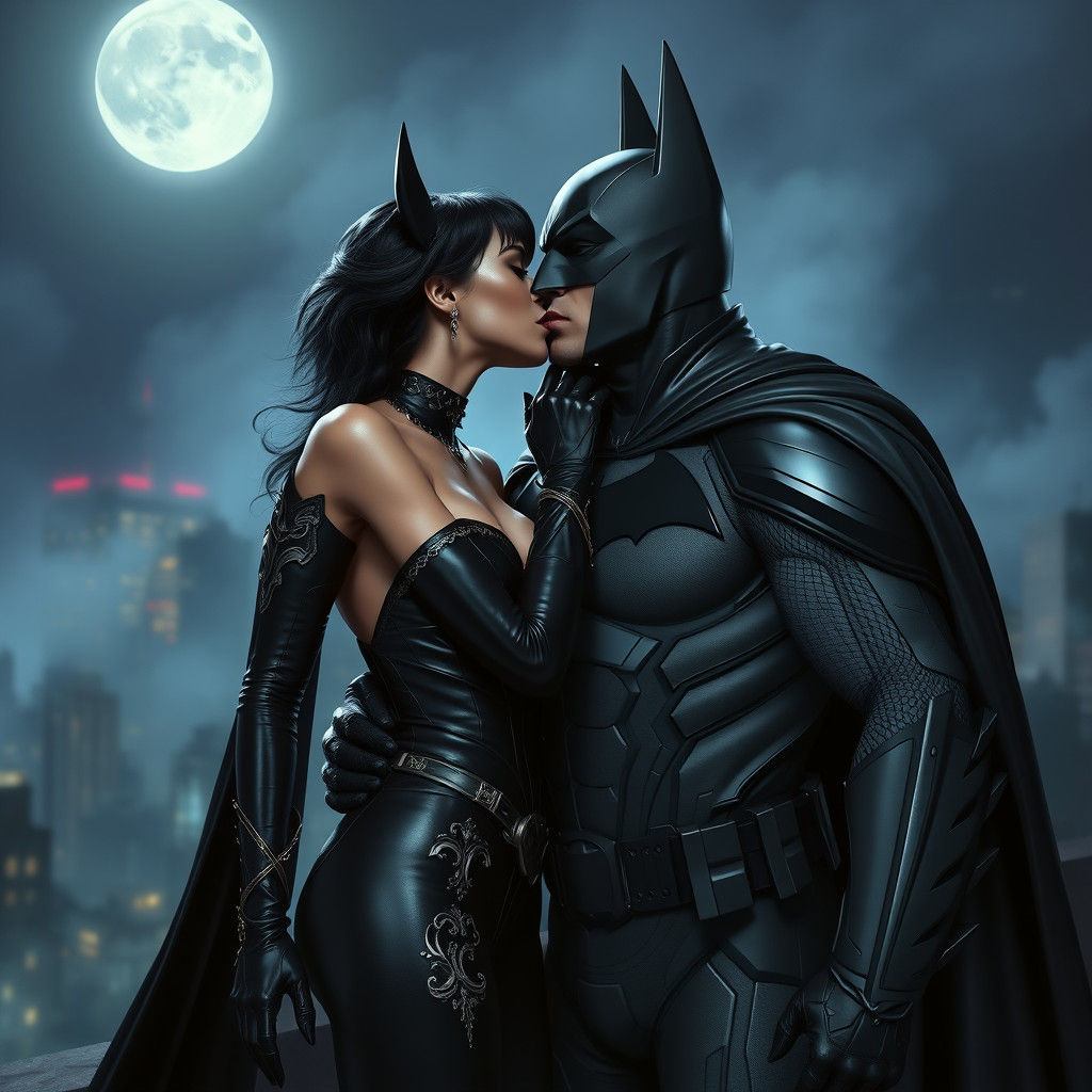 Catwoman and Batman's Moonlit Kiss in Gotham