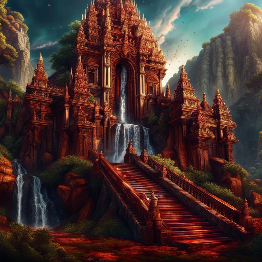 Atlantis Temple with Golden Stairs and Sapphire Falls