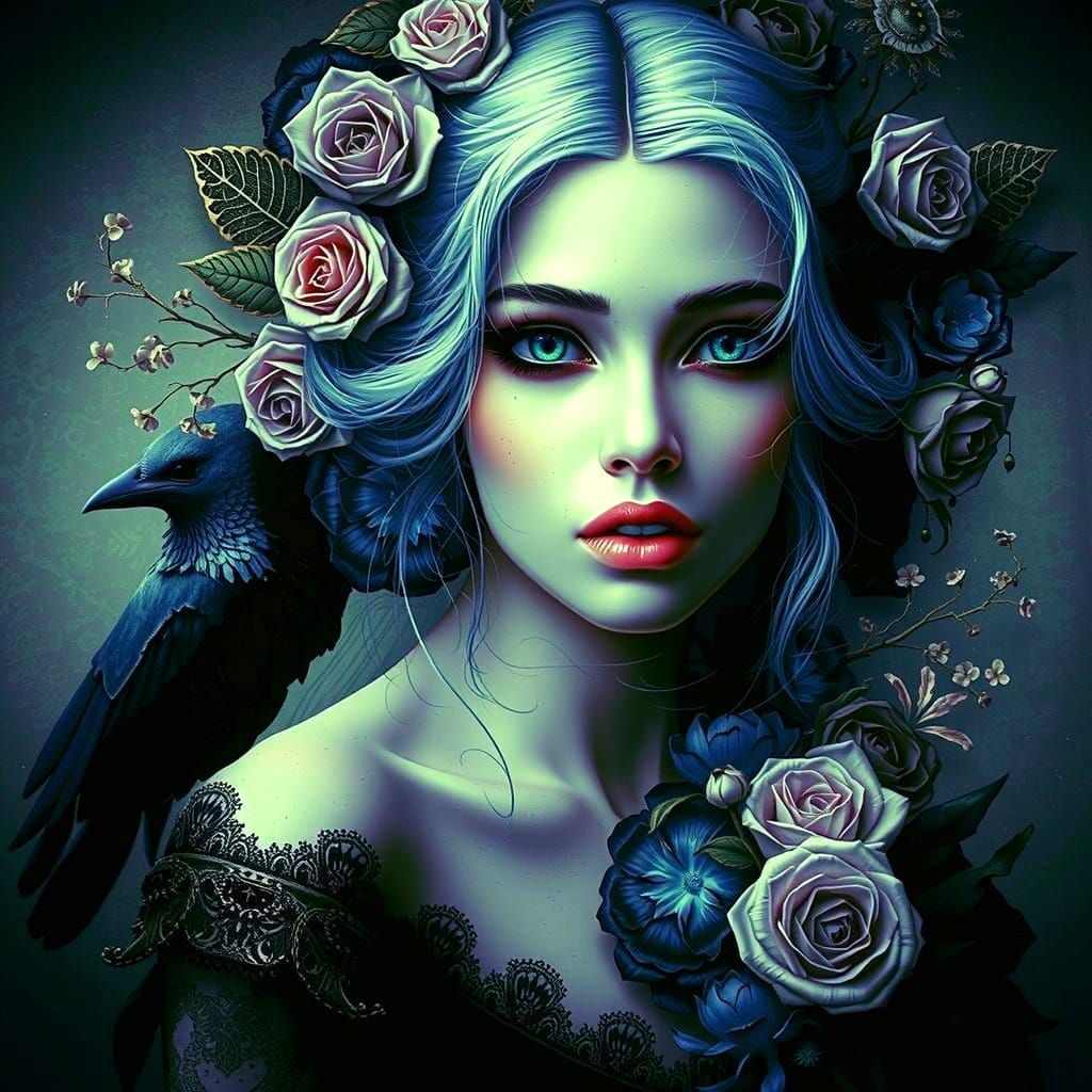 Gothic Woman Blended with Flowers in Surreal Style