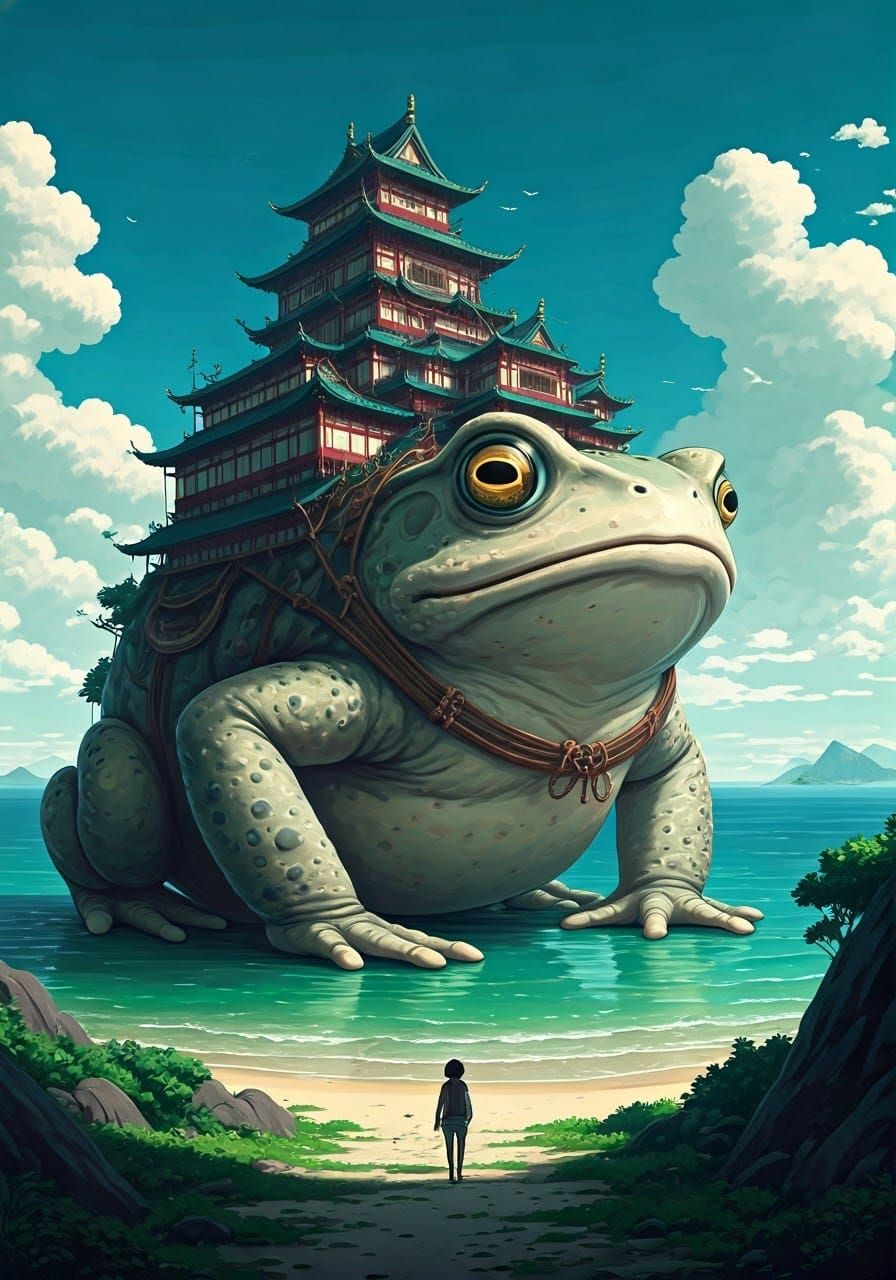 Giant Toad Creature with Fantasy Village