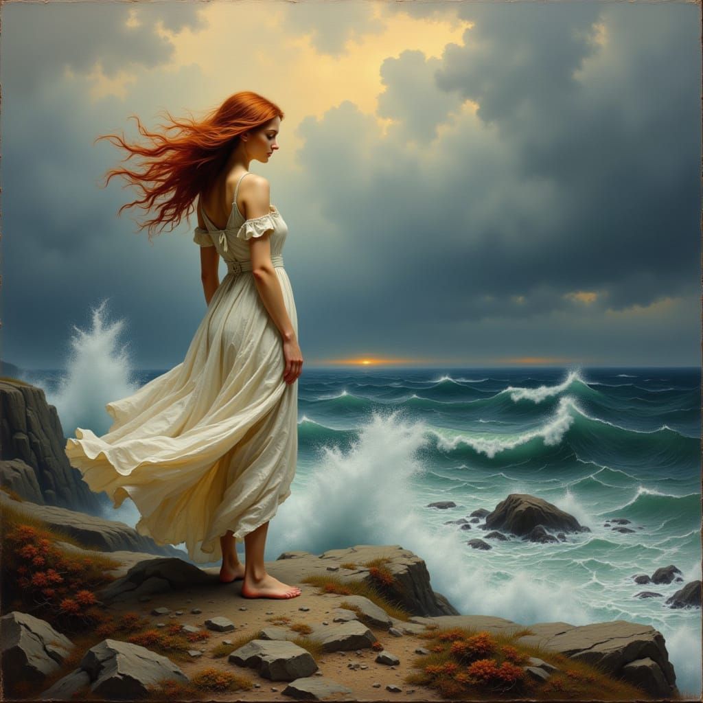 Woman on Windswept Cliff Overlooking Stormy Sea