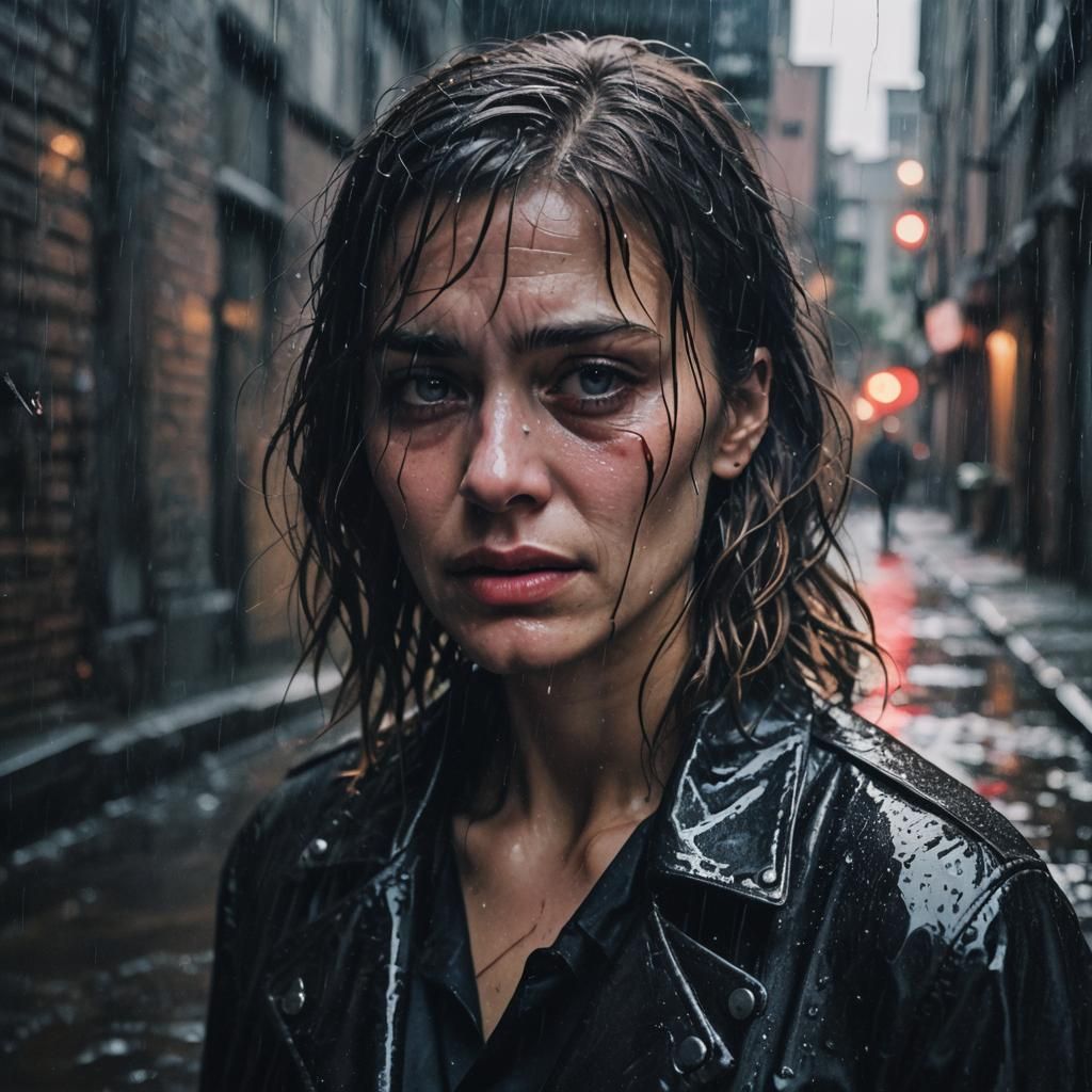 Heartbreak Portrait: Woman Crying in Rainy Alleyway