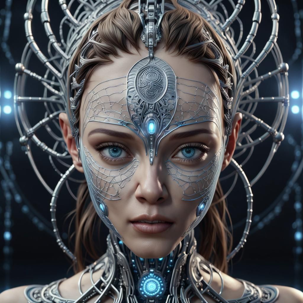 Cybernetic Face in Neural Webbing, Digital Art