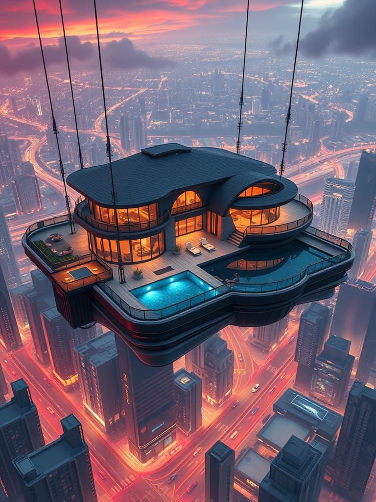 Luxurious House Suspended Above Futuristic City