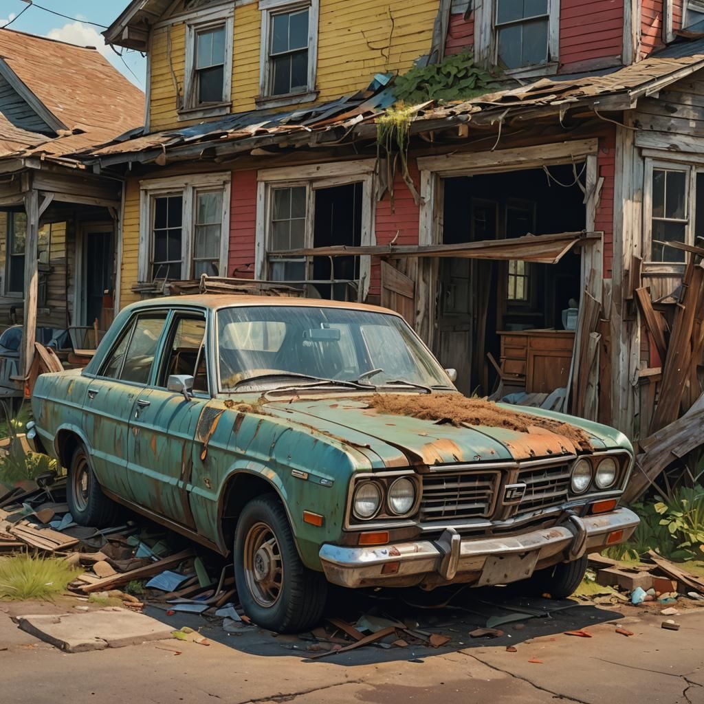 rundown, decayed bed and breakfast, car outside