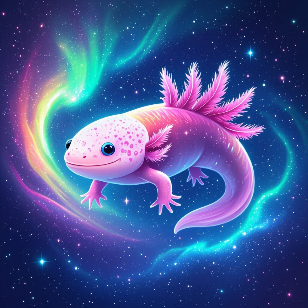 Vibrant Galaxy Axolotl Swimming in Neon Stardust