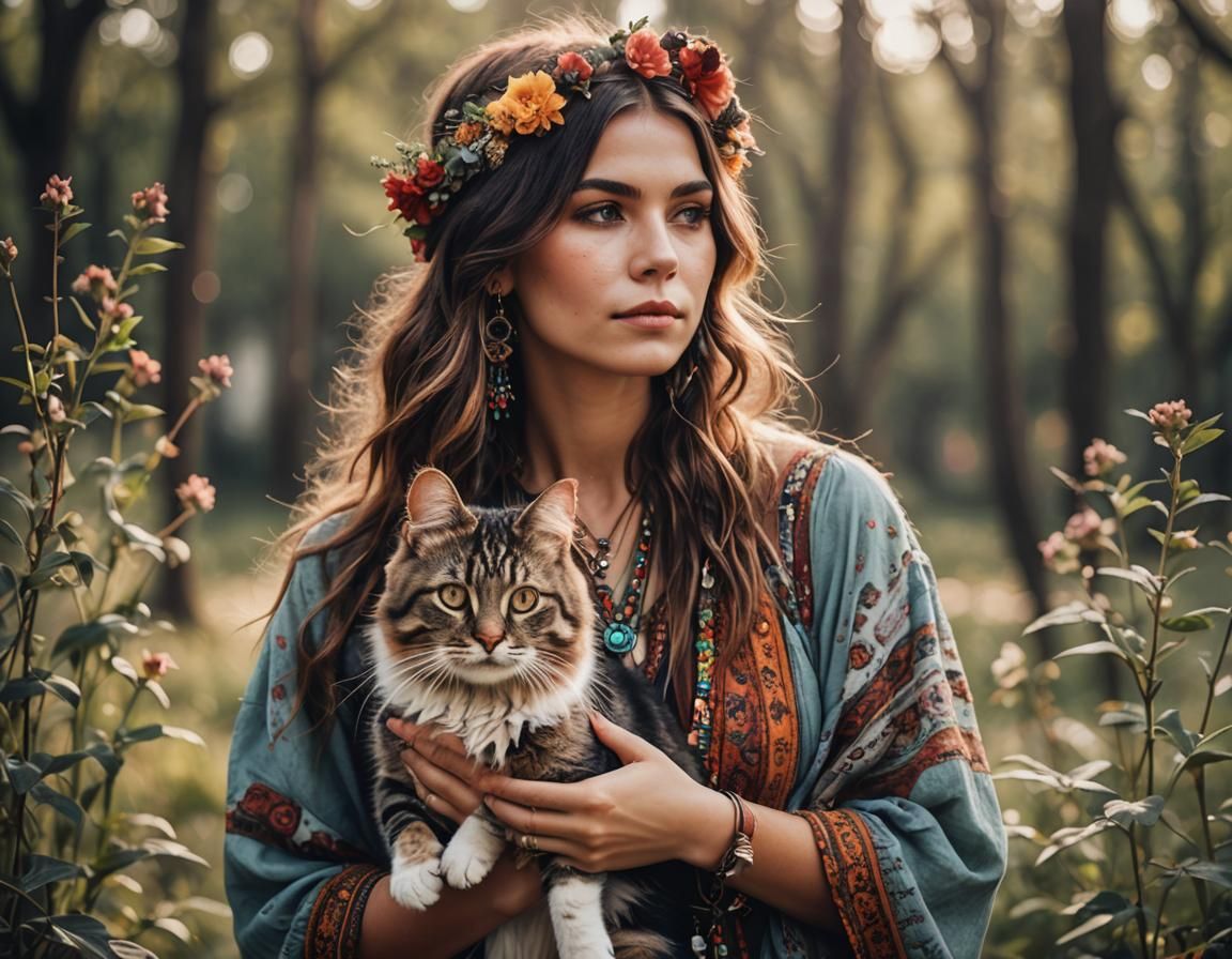 Bohemian Woman with Cat: Professional Photography