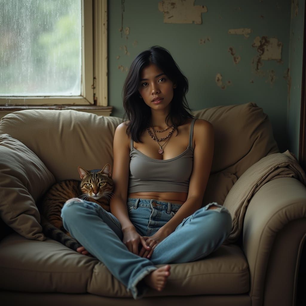 Woman in Hippie Attire on Couch with Cat