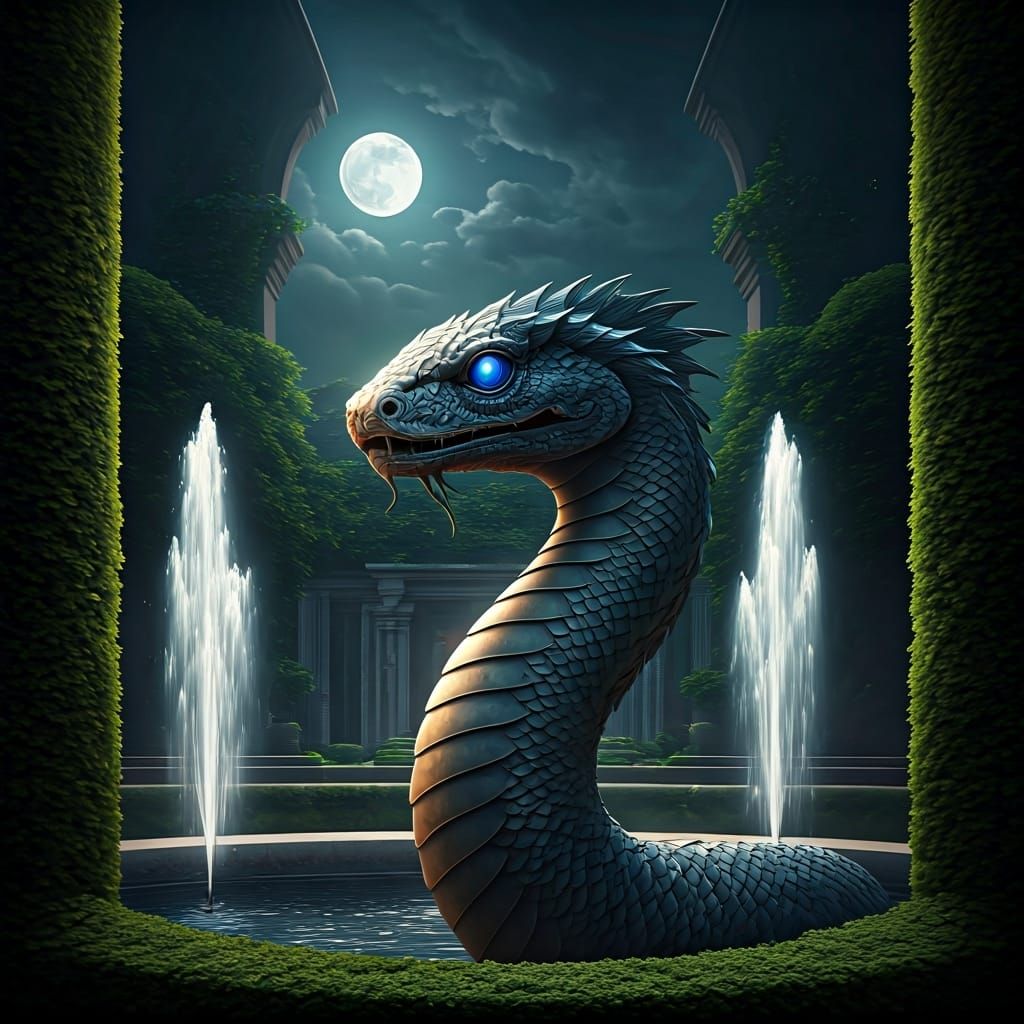 Serpent Statue with Sapphire Eyes by Fountain